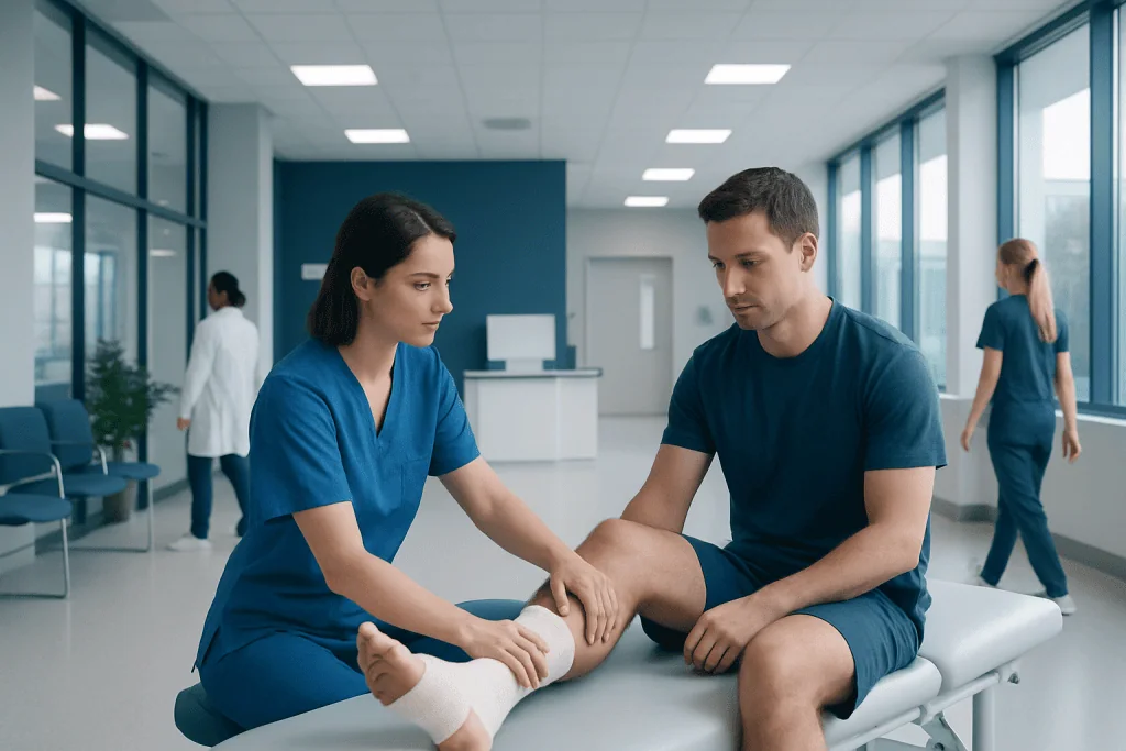 Understanding Sprained Ankle Physiotherapy Treatment: A Complete Patient Guide 1 Physiotherapist examining patient's ankle in a modern hospital setting.