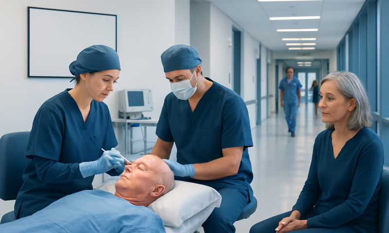 Medical team performing surgery on an elderly patient in hospital.