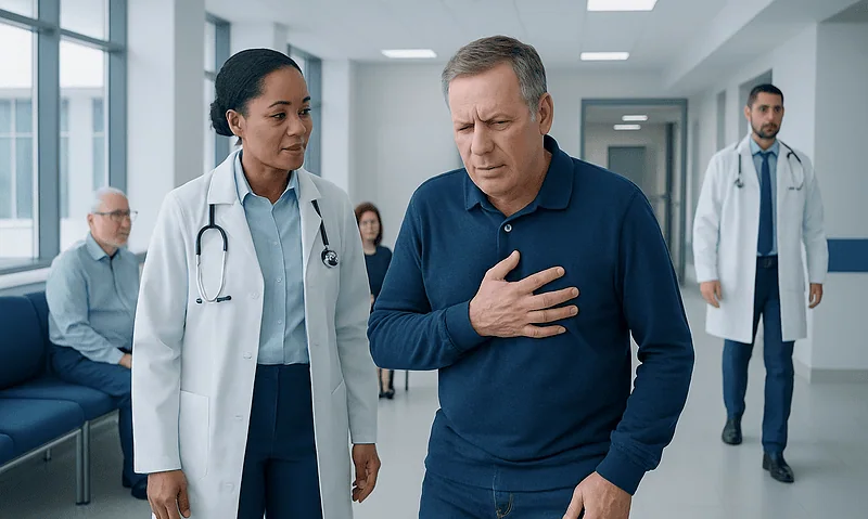 Doctor examines man with chest pain in hospital corridor.