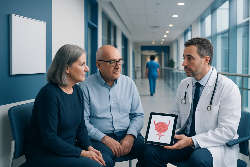 Stage 1 Bladder Cancer Treatment: How It Works, Results and What to Expect 1 Urologist explains bladder scan to senior patients in hospital corridor.