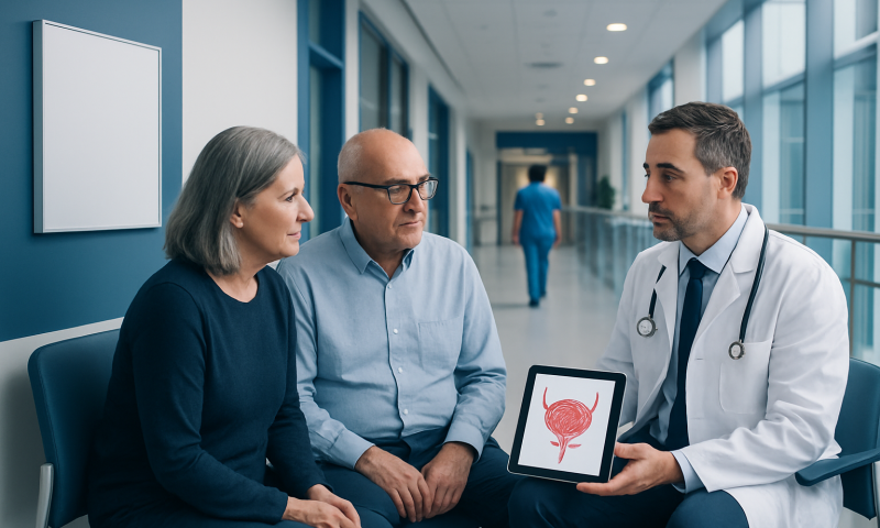 Urologist explains bladder scan to senior patients in hospital corridor.