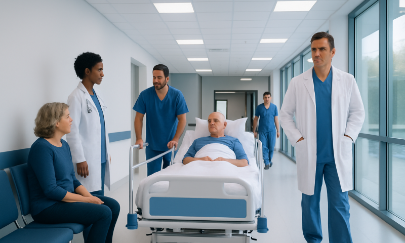 Hospital staff attending to a patient in a modern hospital corridor.