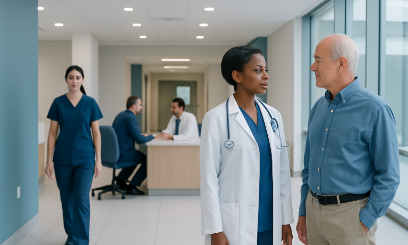 Stage 4 Gallbladder Cancer Life Expectancy with Treatment: How It Works, Results and What to Expect 9 Doctor talking to a patient in a hospital corridor at Acibadem Hospitals Group.