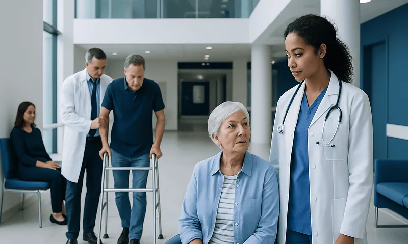 Healthcare professionals assisting elderly patient in hospital corridor.