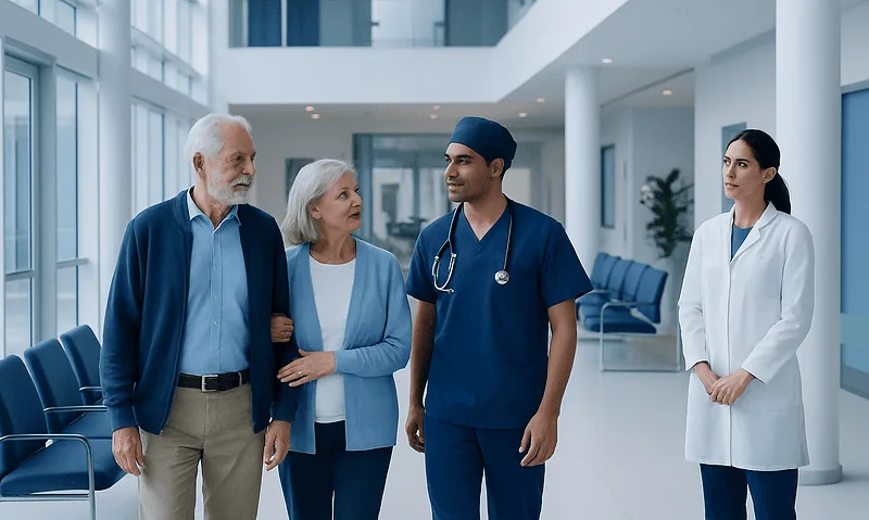 Healthcare professionals discussing patient care in hospital corridor.