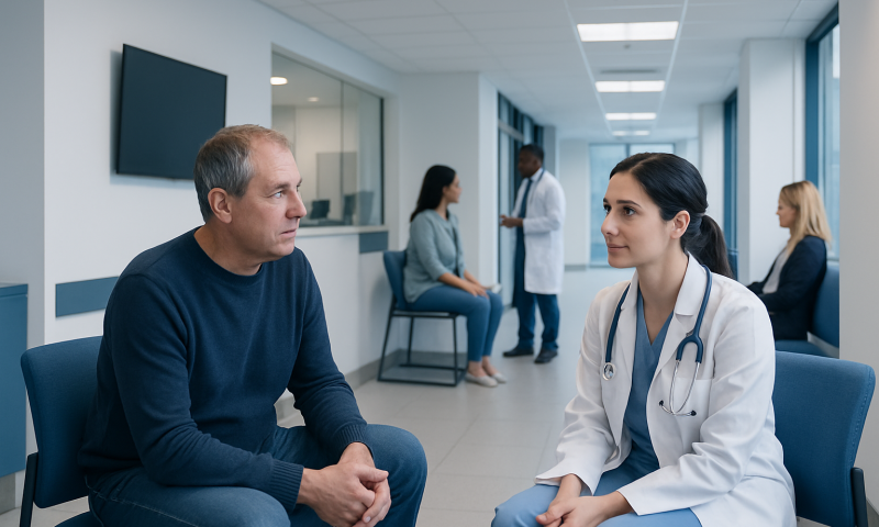 Doctor consulting with a patient in a modern hospital corridor.