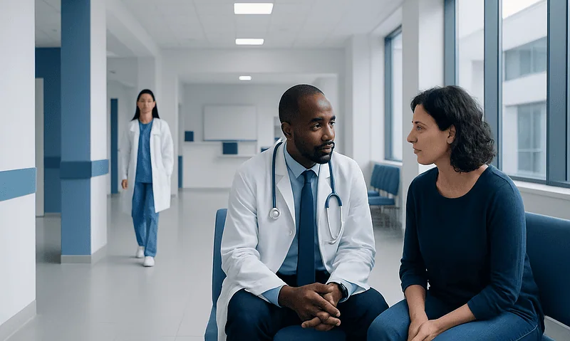 Doctor consulting with patient in hospital corridor.