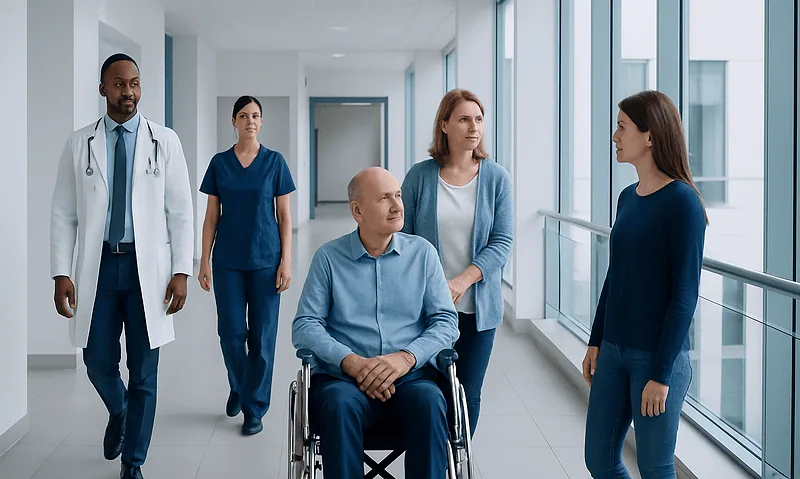 Medical team consulting patient in hospital corridor for stem cell transplant care.