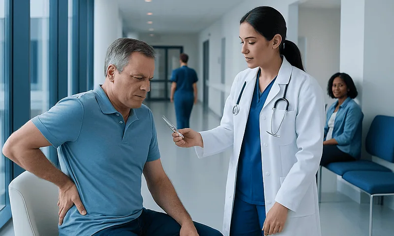 Doctor consulting with a patient about back pain in a hospital corridor.