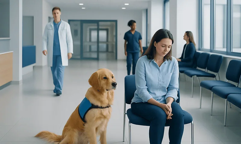 Patient with service dog waiting in hospital corridor.
