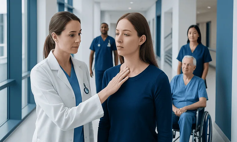 Doctor examining a patient in a hospital corridor with medical staff in background.