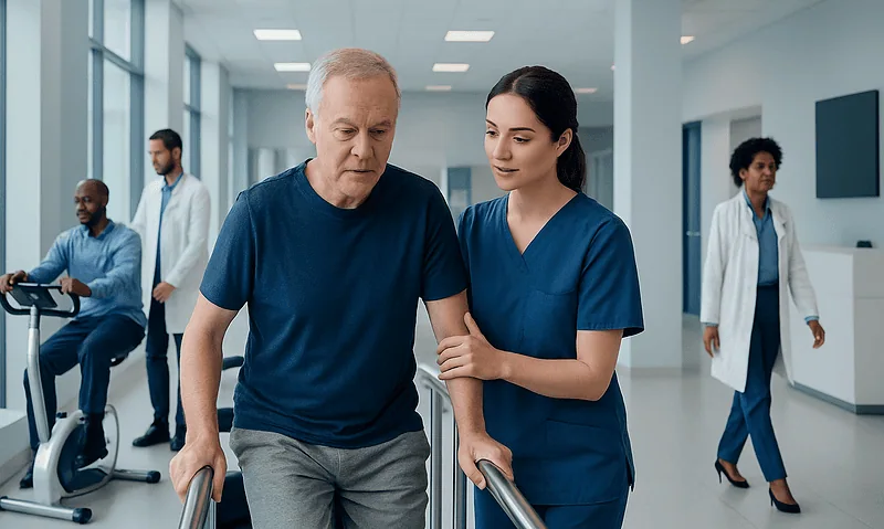 Senior man receiving assistance from nurse in hospital corridor.