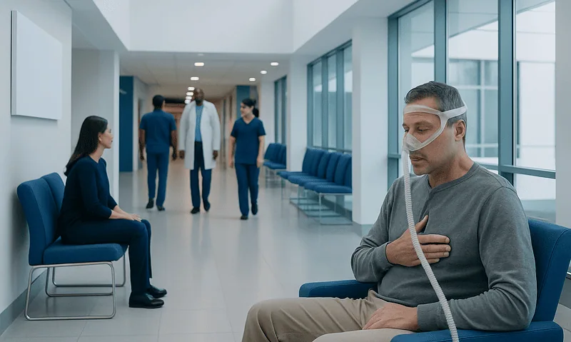 Patient with CPAP mask in hospital corridor for sleep apnea treatment.