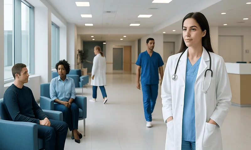 Healthcare professionals and patients in a modern hospital waiting area.