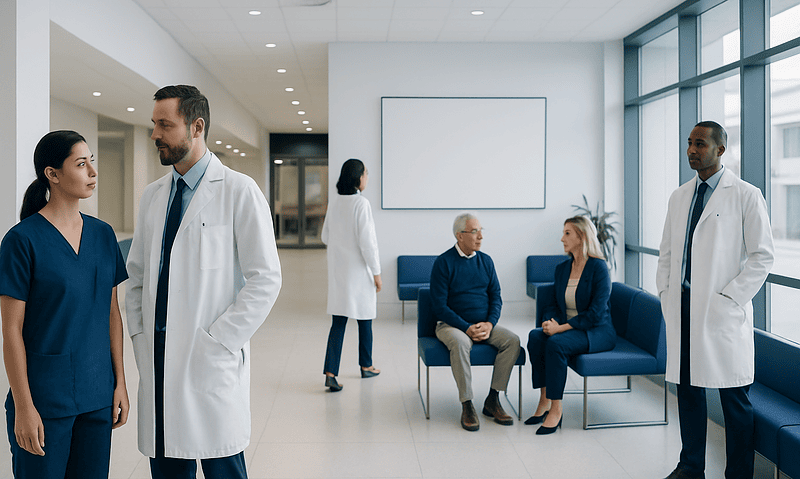 Medical professionals and patients in a modern hospital waiting area.