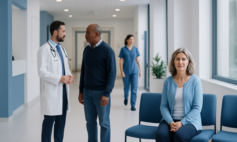 Doctor consulting with patient in hospital corridor with nurse in background.