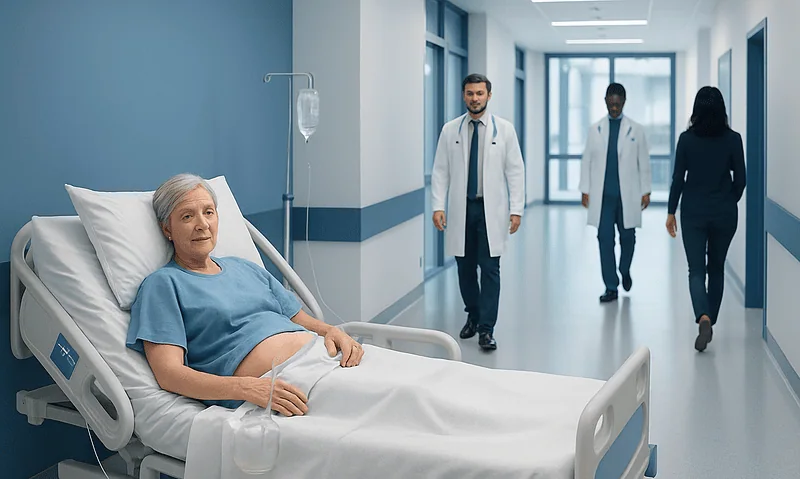 Hospital patient with IV drip in a modern ward with medical staff nearby.