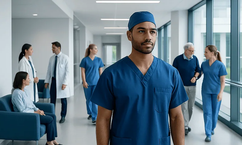 Diverse medical team in hospital corridor with a young surgeon in foreground.