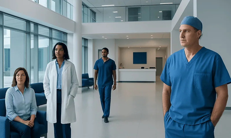 Medical team in hospital corridor preparing for surgery at Acibadem Hospitals.