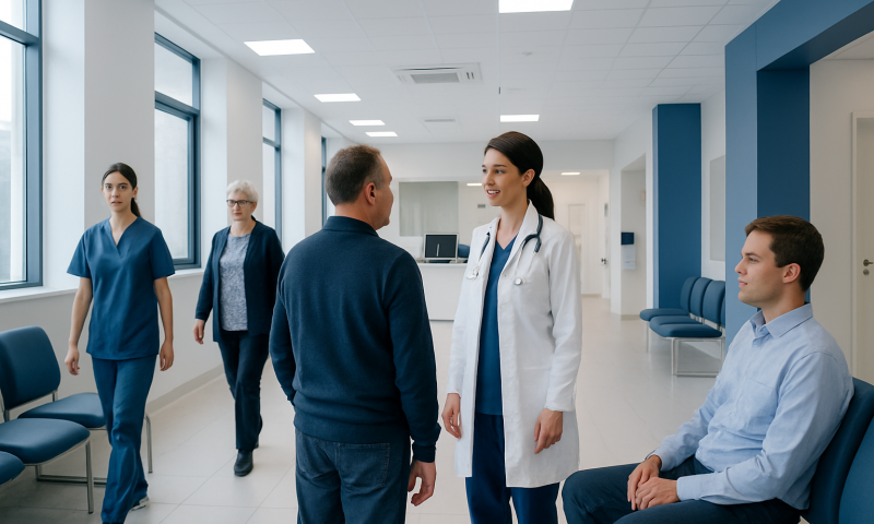 Medical team consulting in a hospital corridor with patients and staff.
