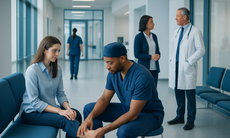 Doctor examining patient's foot in hospital corridor for Tarsal Coalition treatment.