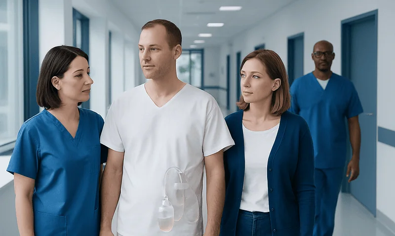 Medical team walking in hospital corridor with patient and staff.