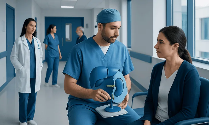 Medical team discussing patient care in hospital corridor.