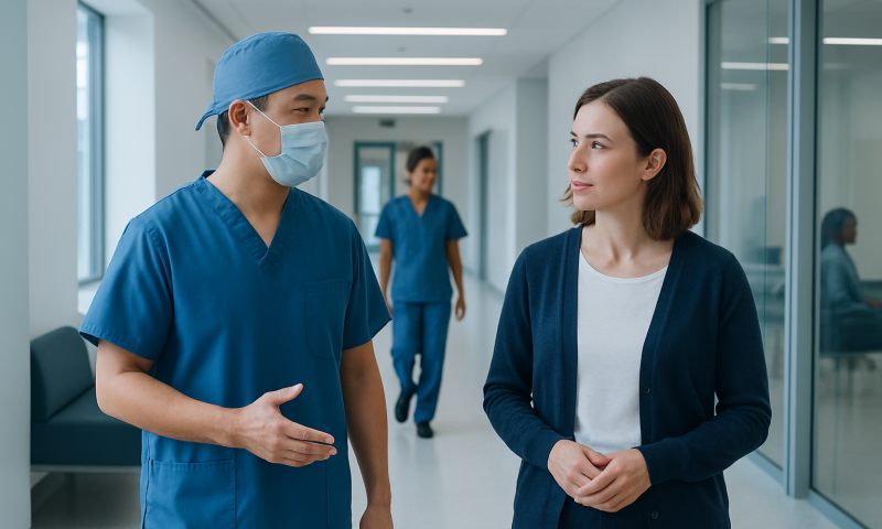 Medical professionals discussing patient care in hospital corridor.