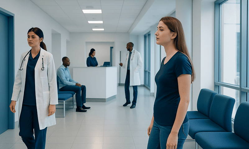Medical professionals and patient in a hospital corridor.