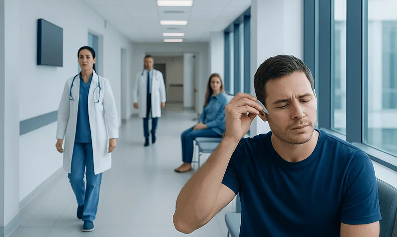 Patient experiencing ear pain in hospital corridor with medical staff nearby.