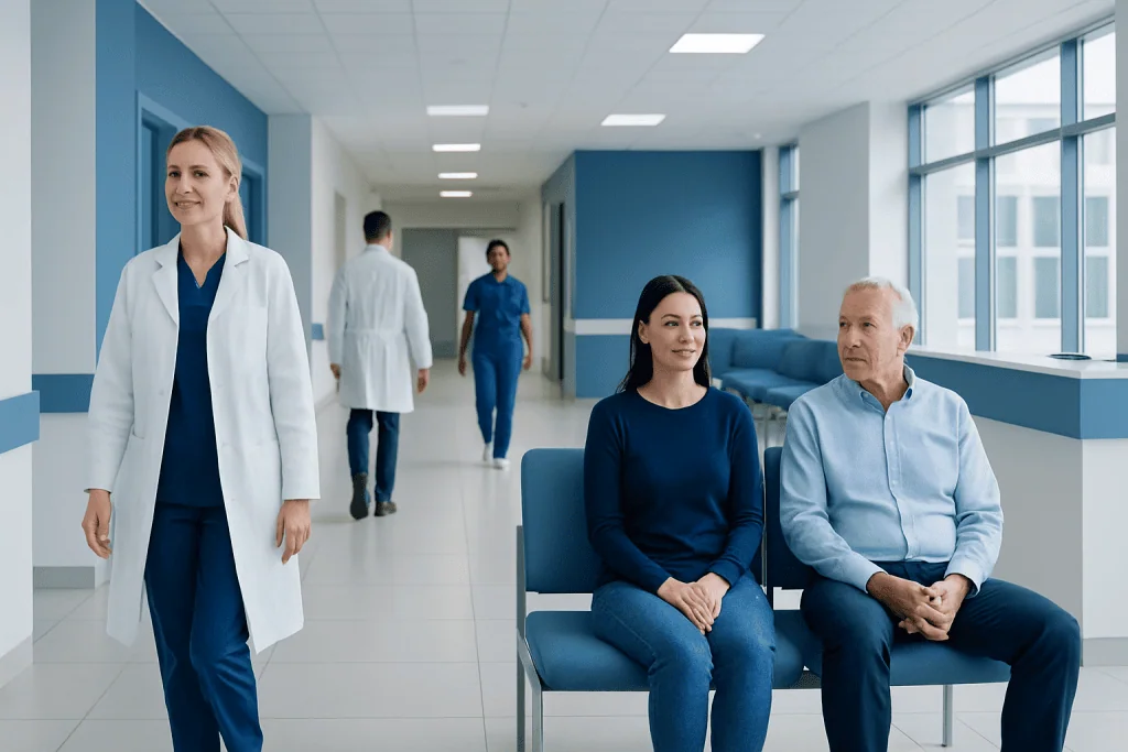 Swiss Cheese Nutrition: Evidence-Based Benefits, Risks, and Practical Guidance 1 Healthcare professionals and patients in a modern hospital corridor.