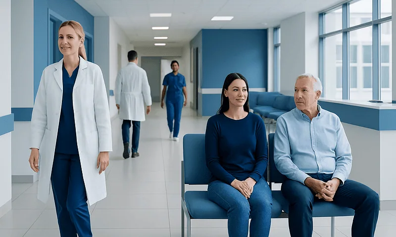 Healthcare professionals and patients in a modern hospital corridor.