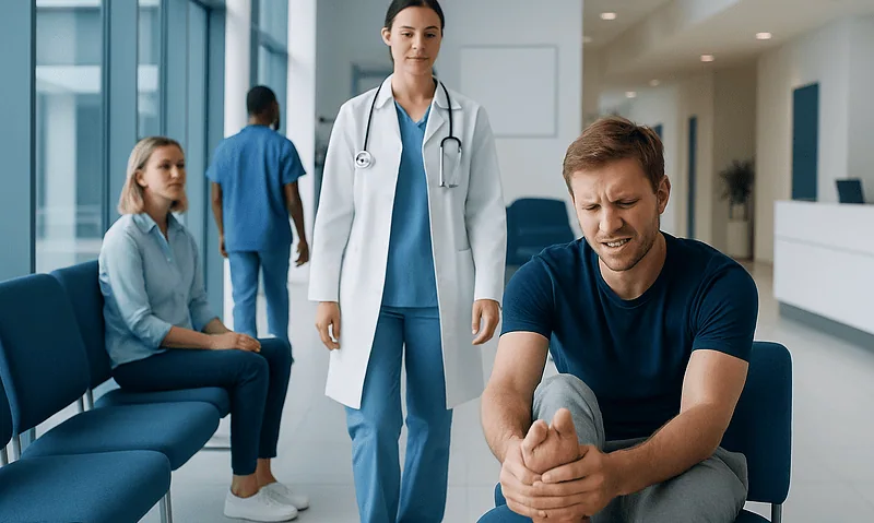 Patient with foot pain consulting with doctor in hospital corridor.