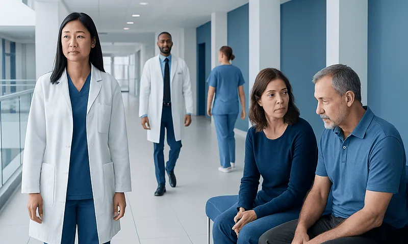 Medical consultation in a hospital corridor with doctors and patients.