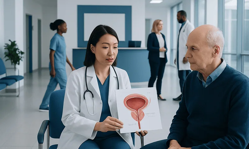 Urologist explains prostate health to patient with medical diagram in hospital.