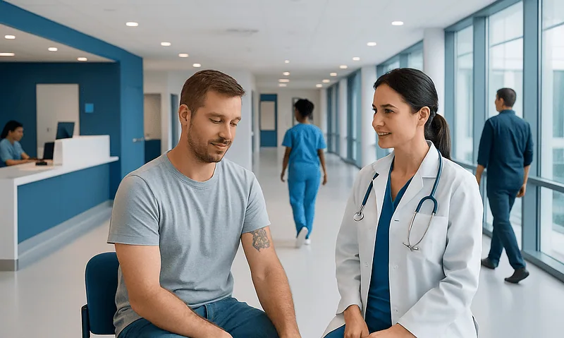 Patient consulting with doctor in modern hospital corridor.