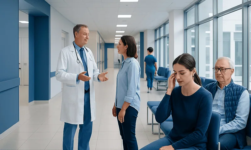 Doctor consulting with patients in a hospital corridor.