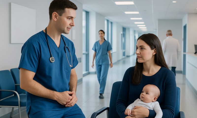 Healthcare professionals consulting with a mother and baby in a hospital corridor.