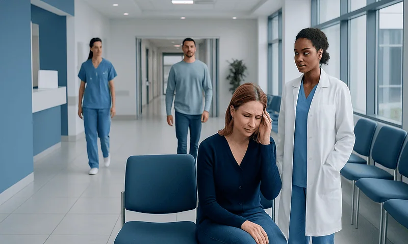 Patient experiencing headache in hospital corridor with medical staff nearby.