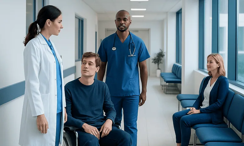 Medical team consulting with patient in hospital corridor.