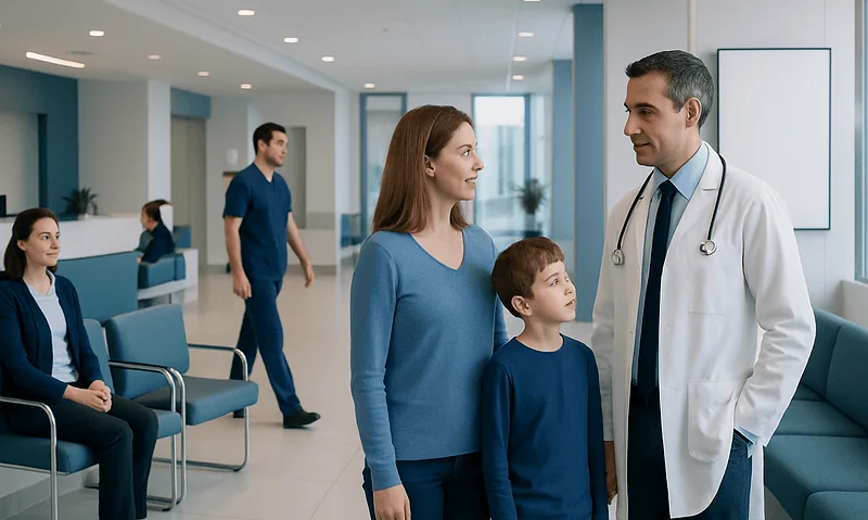 Doctor talking to mother and son in hospital waiting area.