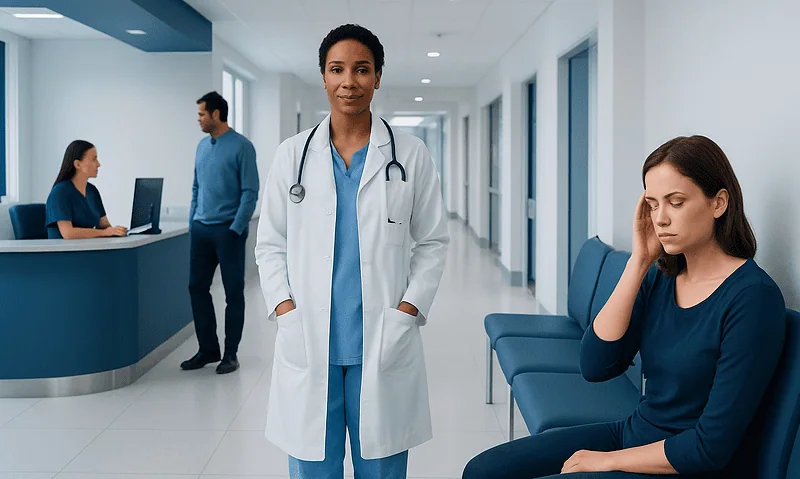Medical professional with patient in hospital corridor.