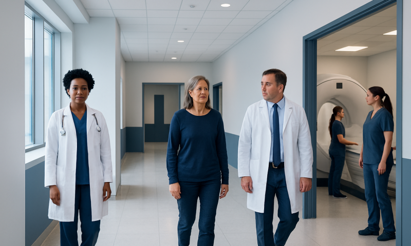 Medical professionals and a patient walking in a hospital corridor.