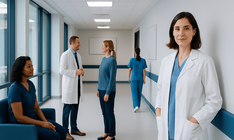 Healthcare professionals and patient in a hospital corridor at Acibadem Hospitals Group.