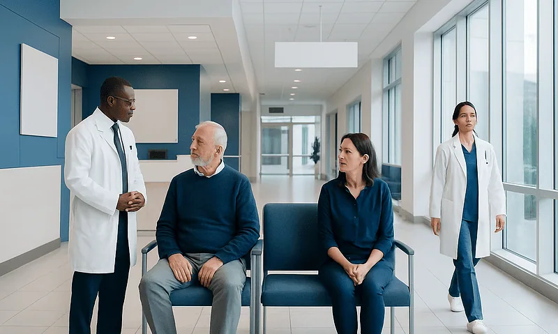 Doctor consulting with elderly patient in hospital corridor.