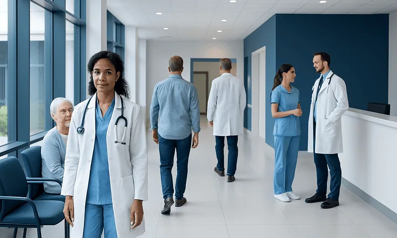 Healthcare professionals and patients in a modern hospital corridor.