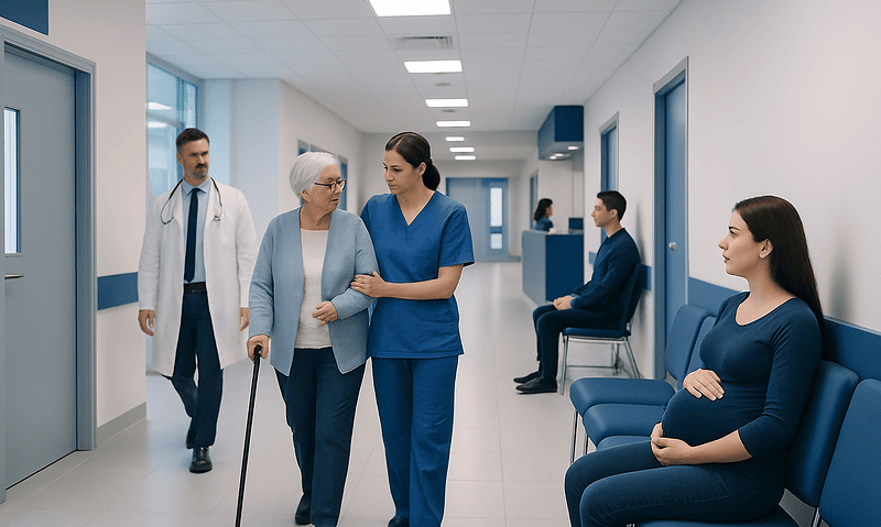 Compassionate nurse assisting elderly patient in hospital corridor.