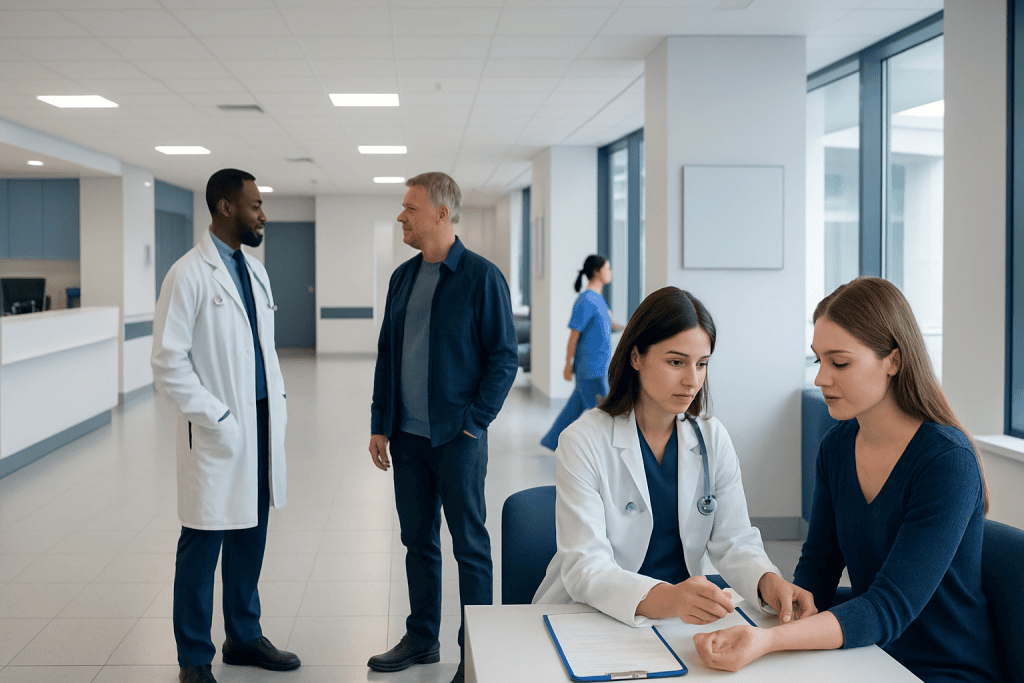 C4 Complement Blood Test Explained: Reference Ranges and What Affects Them 1 Doctors and nurse consulting in a modern hospital corridor.