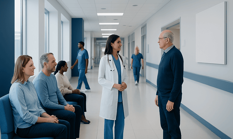 Healthcare professionals and patients in a hospital corridor.