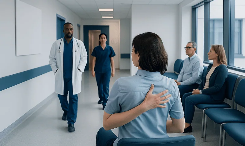 Medical consultation on shoulder pain in a hospital corridor.